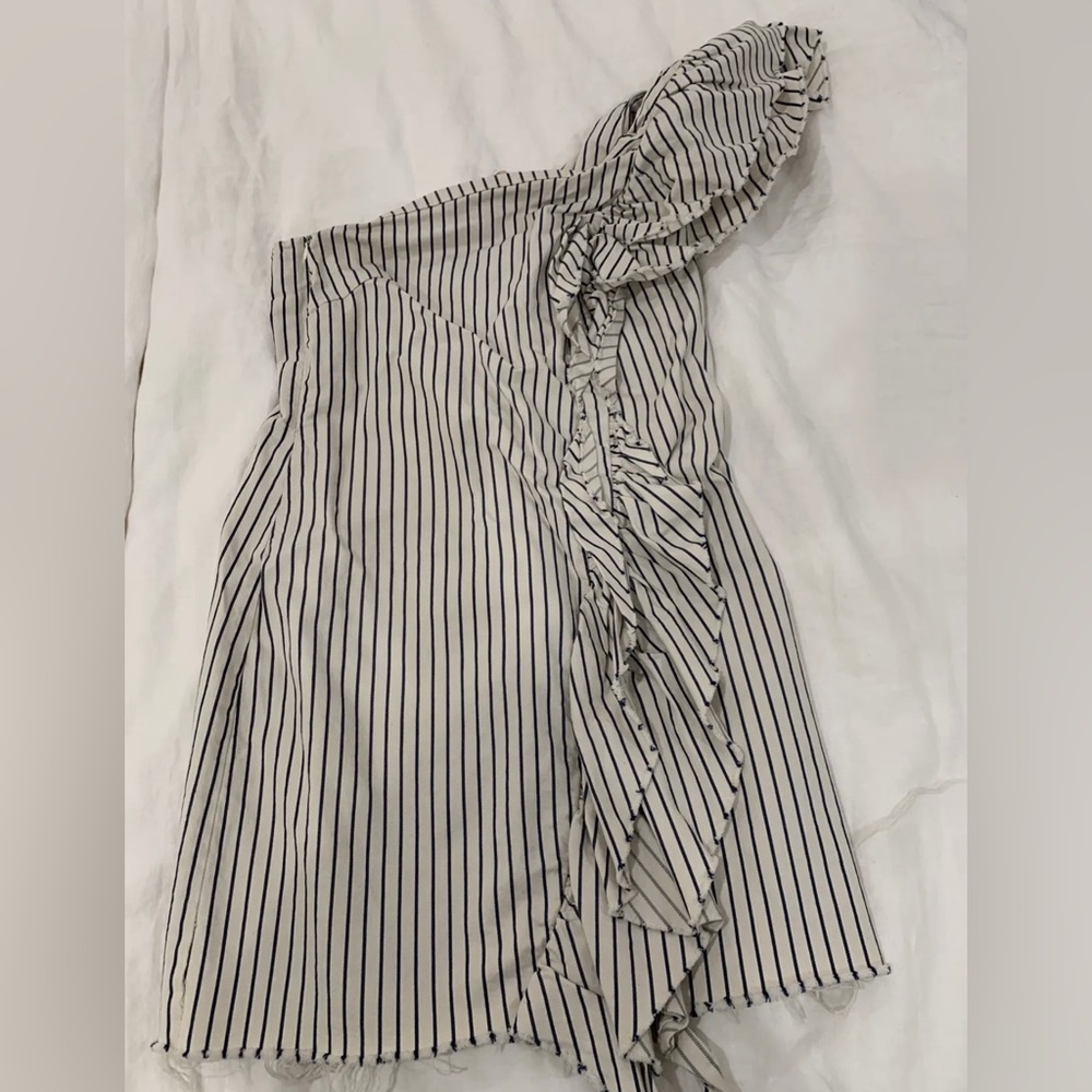 Zara Denim Mini One Shoulder Dress W/ Ruffle Detail Sz Small